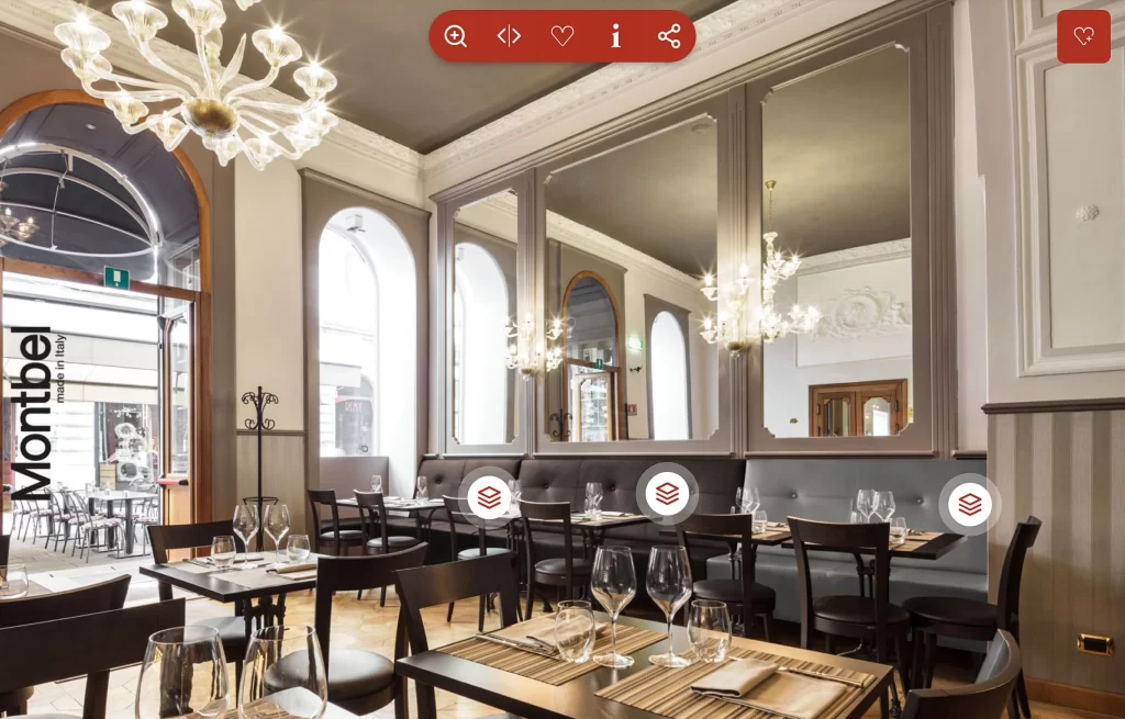 Restaurant Setting mit großen Spiegeln und Polstern