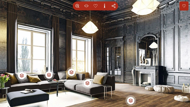 Beispielbild aus dem Raumplaner für Wohnzimmer mit Sofa, Vorhängen und Kamin