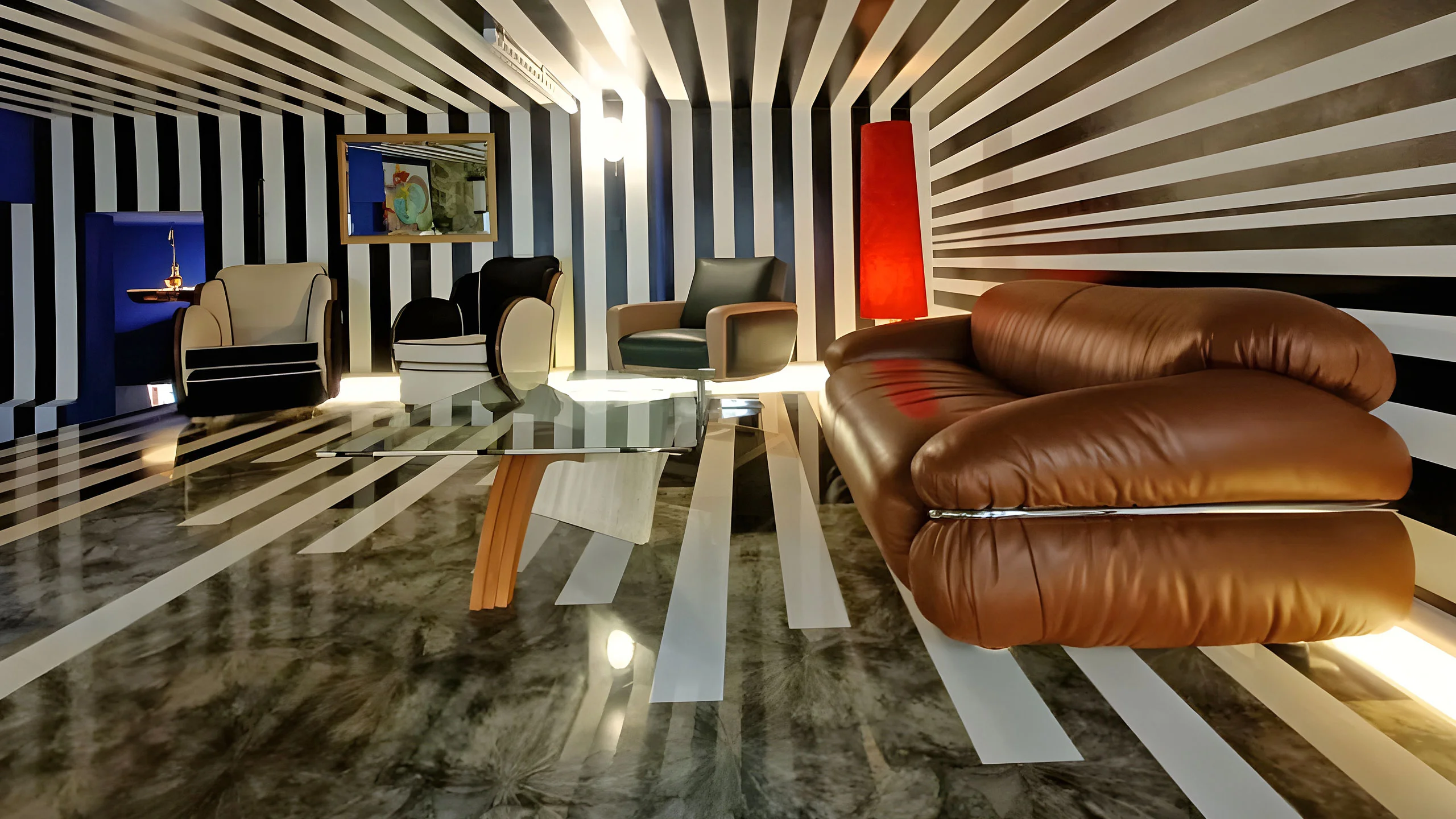 Showroom mit schwarz-weiß Streifen mit diversen Möbeln