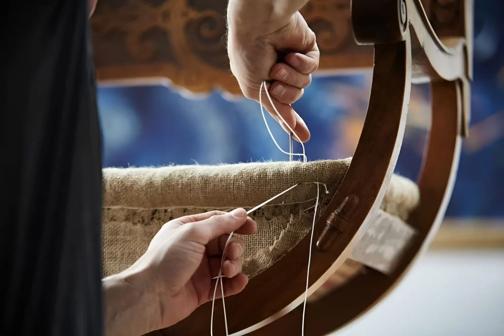 Hände die an einem alten Stuhlgestell Jutenstoff vernähen